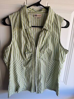 Faded Glory Green & White Striped Sleeveless Button-Front Shirt
